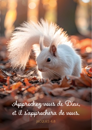 Carte postale avec verset écureuil blanc sur des feuilles mortes