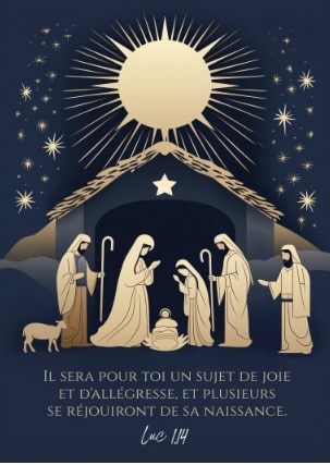 Carte postale Noël crèche dorée sur fond bleu marin
