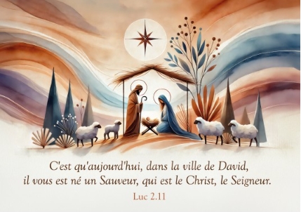 Carte postale Joyeux Noël avec verset crèche en aquarelle multicolore