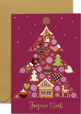 Carte double Noël sapin composé de symboles de Noël